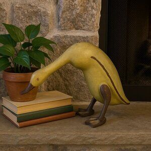 Vintage Hand Carved Yellow Wood Duck Sculpture Crackle Patina Primitive Folk Art